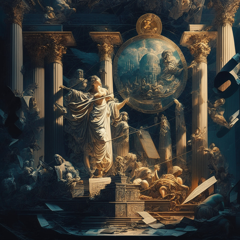 Intricate financial landscape, traditional & modern elements coexisting, allegorical figures representing innovation & regulation, chiaroscuro lighting to convey contrast, Renaissance-style painting, dynamic composition with tension, mood of uncertainty & hope in the evolving crypto market.
