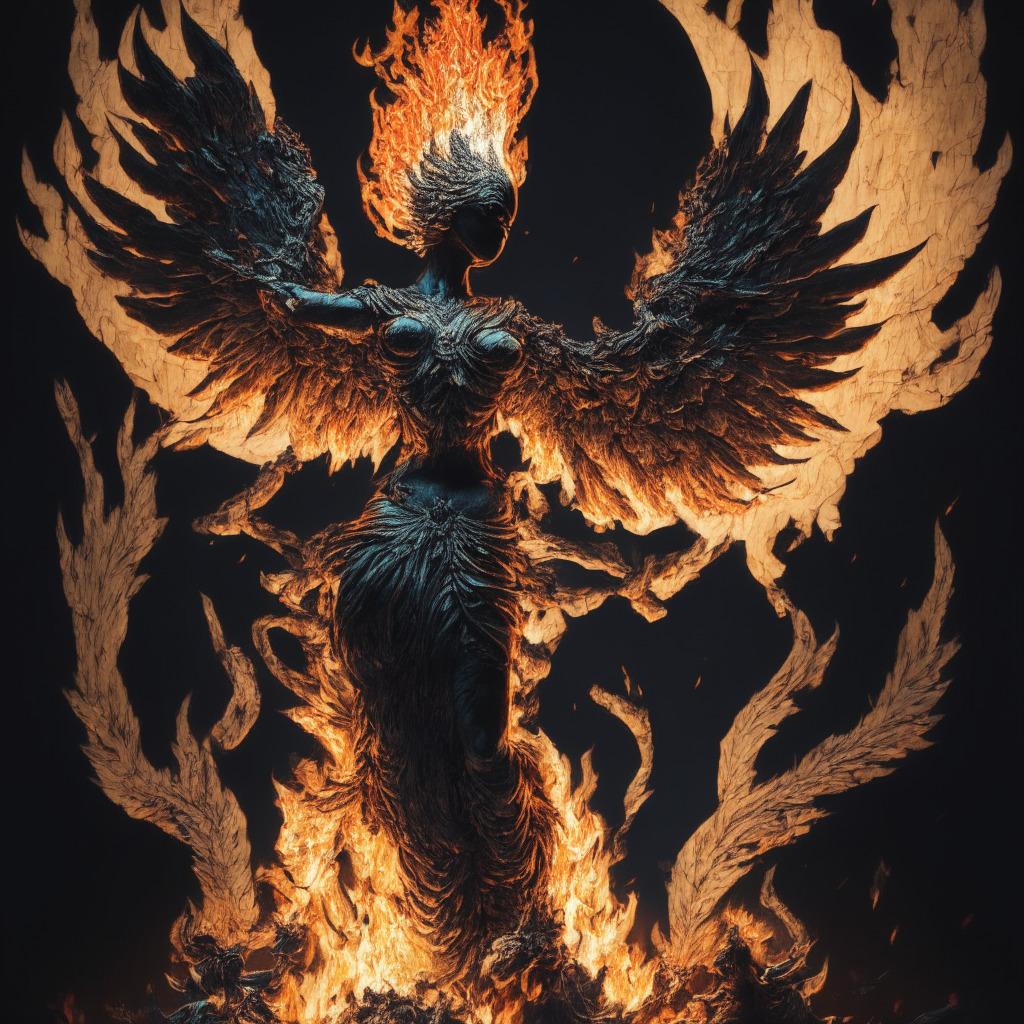 A digital art scene depicting a CryptoPunk figurine surrounded by flames, rising from its ashes like a phoenix, symbolic Ordinals inscription etched in the background, chiaroscuro lighting creates dramatic contrast, the overall mood evokes the excitement & debates around evolving NFT culture and Bitcoin integration, done in an expressive artistic style.