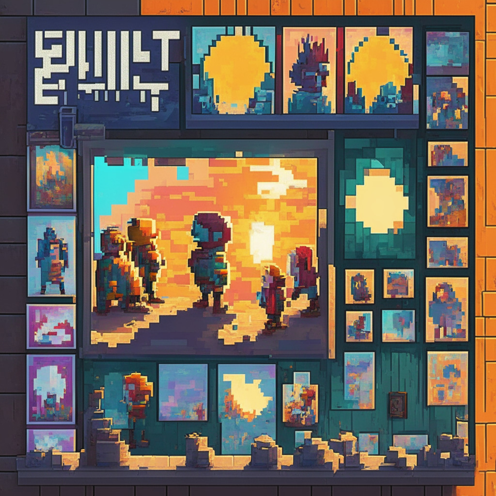 Sunlit pixel art gallery, unique CryptoPunks avatars displayed, vibrant colors and digital textures, art enthusiasts immersed in fascination, DIY user manual open, creative minds connecting, whisper of market volatility, sense of historical importance, winter book release atmosphere.