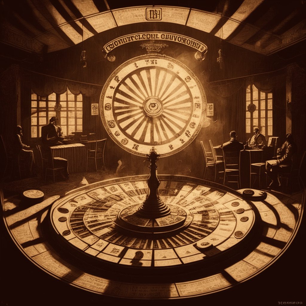 Cryptocurrency debate scene, vintage vs modern, sepia tones, chiaroscuro lighting, skepticism vs innovation, contrasting emotions, roulette wheel with crypto symbols, traditional bank in background, balancing scale with coins & regulation text, sunrays hinting progress, cautionary atmosphere.
