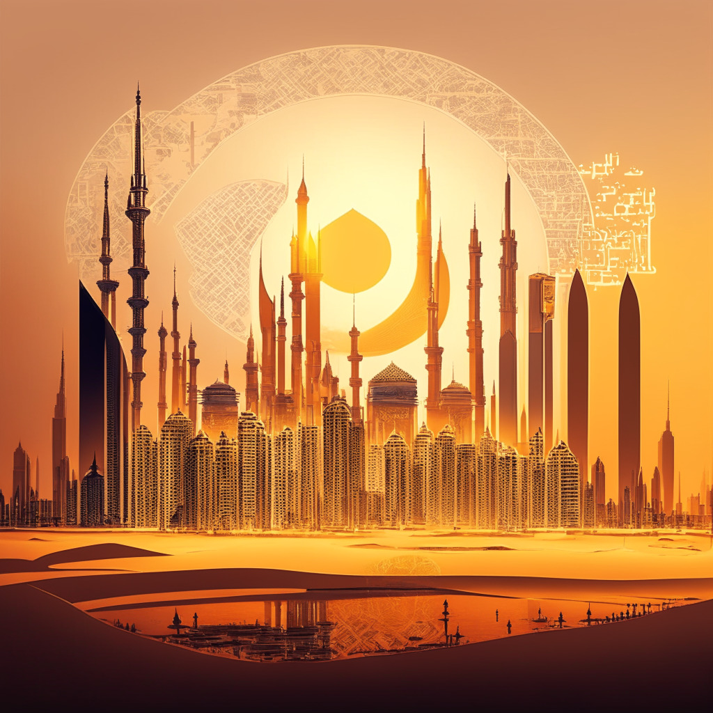 Arabian city skyline with futuristic cryptocurrency theme, warm sunset hues, BRICS bank building, diverse currencies symbolized, intricate financial web, mood of opportunity with looming challenges, artistic blend of traditional & modern elements, spotlight on Saudi Arabia's potential membership.
