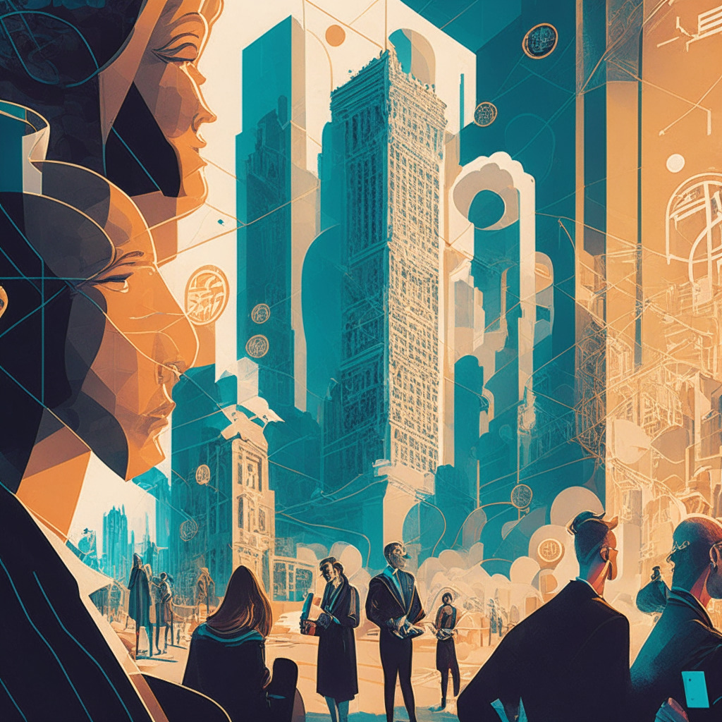 Intricate cityscape with futuristic architecture, people engaging on social media, crypto coins, concerned faces, dialogue bubbles on crypto advertising, renaissance painting style, contrasting light and shadows, subdued colors, intense expressions reflecting the double-edged nature of crypto advertising, regulatory documents subtly looming, emotive atmosphere.