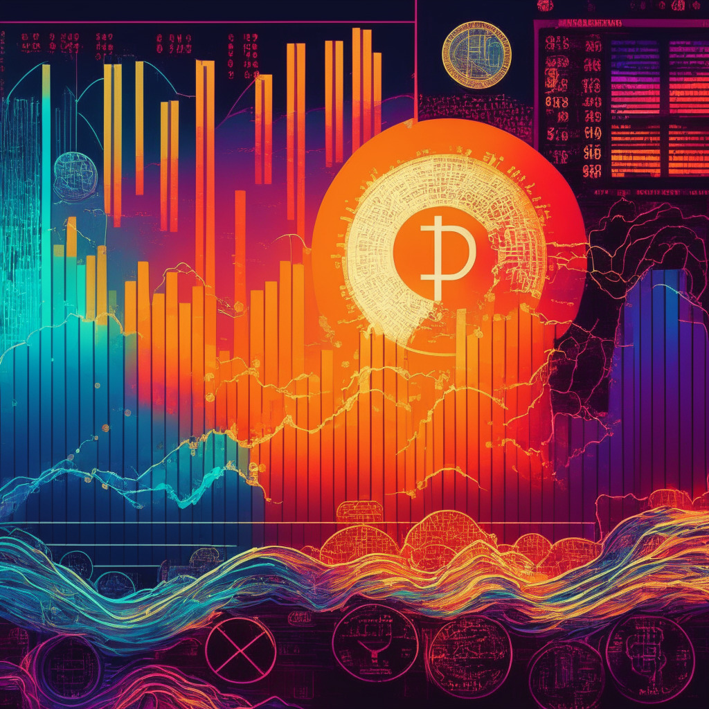 Cryptocurrency market fluctuations, various digital coins, balancing optimism and caution, intricate network connections, colorful bar charts, sunset lighting, investment contemplation, Art Nouveau style, vibrant yet mysterious mood, intertwining pros and cons, financial ecosystem harmony.