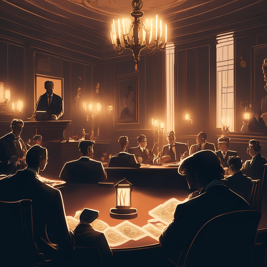Cryptocurrency hearing scene, neoclassical style, dimly lit room, U.S. lawmakers conversing, softly glowing desk lamps, atmosphere of anticipation, intense expressions, financial documents scattered, innovation vs regulation contrast, hint of optimism, prominent gavel on table, eco-friendly project in the background, diverse cryptocurrency tokens subtly represented.