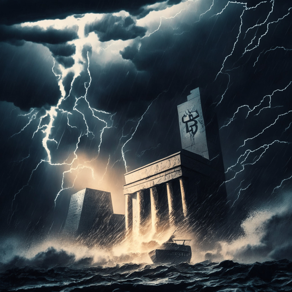 Cryptocurrency crash scene, dramatic stormy sky, Fed building in background, lightning strike, market volatility depicted as turbulent waves, struggling traders, sinking Ethereum ship, plunging Bitcoin, uncertain light in the distance, gloomy atmosphere, artistic chiaroscuro effect, hint of resilience in shadows, cautious optimism.