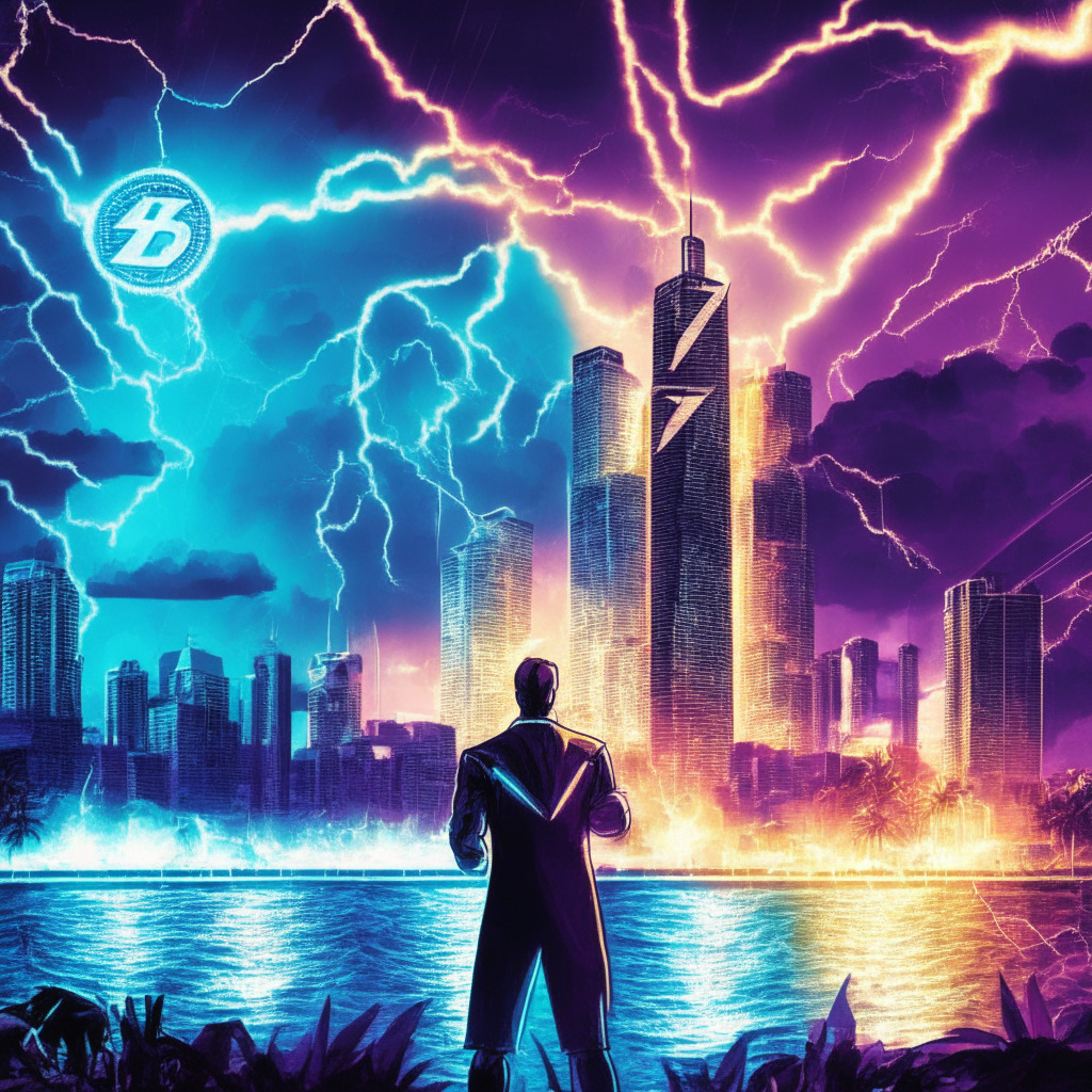Cryptocurrency-themed presidential race, Miami skyline backdrop, pro-Bitcoin mayor and Democratic candidate debating, intense lighting reflecting mood, bold contrasting colors symbolizing political parties, rays of light surrounding Lightning Network, subtle artistic elements of digital assets, air of anticipation for crypto's future influence.
