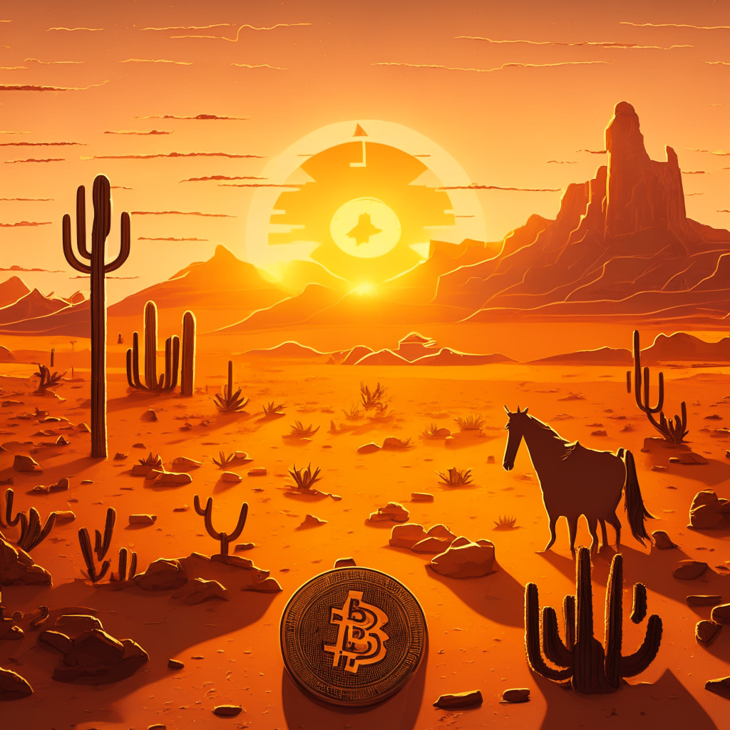 A Wild West scene at dusk with the sun setting over a vast desert, forefront showcasing symbols of various cryptocurrencies like BTC, ETH, BitDAO, and Stellar. A subtle balance of hope and apprehension throughout, the orange sunrays creating sharp contrasts upon the unspoiled landscape as if hinting at potential growth and forthcoming challenges. A representation of diversification and unpredictability through abstract elements aside. A group of pioneering retail figures in the background signifying the retail investment community's role with a touch of expressionism style. The whole scenery is spotted with unobtrusive elements signaling transactions, digital assets, and predictive tools, contributing to a slightly mystical ambiance.