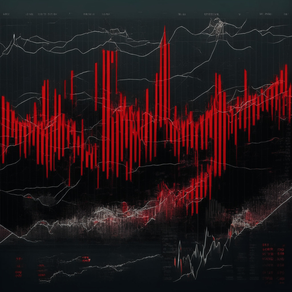 Cryptocurrency crash scene, gloomy atmosphere, shades of gray & red, diminishing line chart, concerned traders, external factors storming above, prominent digital assets falling, uncertainty and volatility looming, potential recovery road amidst regulatory environment, reminder of market's fragile upward trajectory.