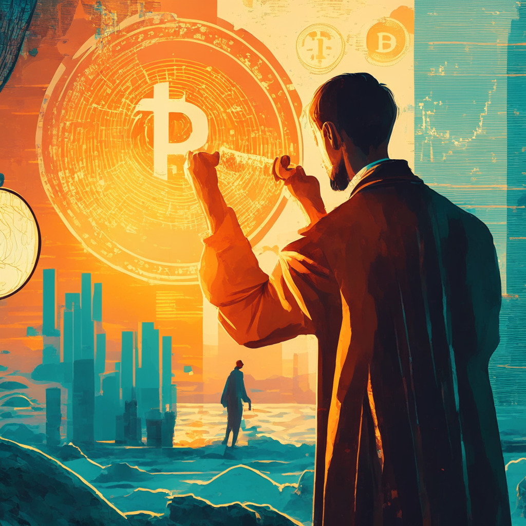 Cryptocurrency market scene, impressionist style, soft sunset lighting, various cryptocoins ascending and descending on an abstract graph, a thoughtful investor observing with a magnifying glass, mood of cautious optimism, hints of underlying technology and global events influencing the landscape.