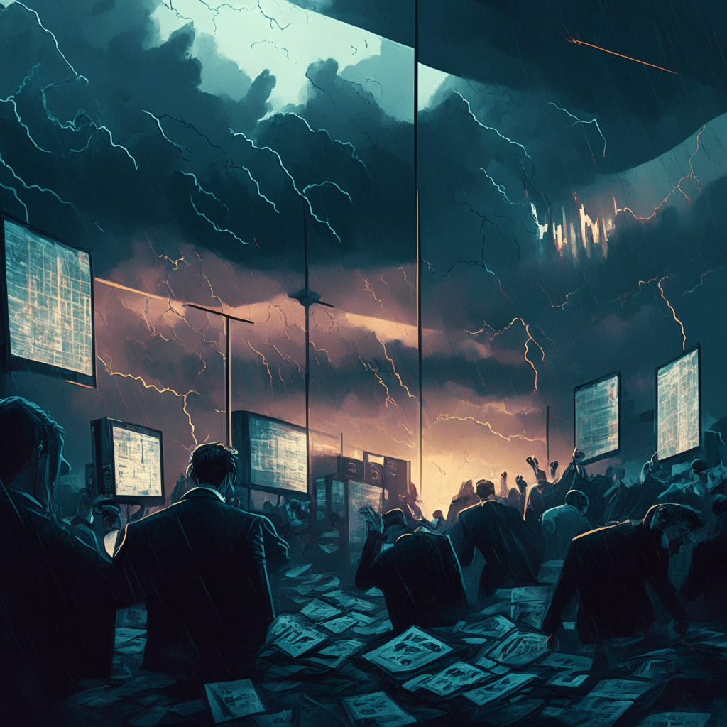Cryptocurrency market plunge, legal actions against major exchange, dusk setting with stormy clouds looming, a chaotic trading floor, somber hues, uncertain mood, players trying to make sense of news, hints of hope from potential regulation, contrast between stability and stifling innovation.