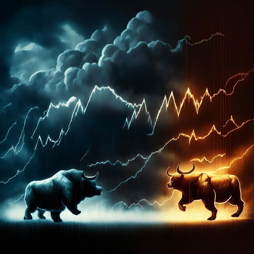 Cryptocurrency rollercoaster scene, fluctuating digital coins on vibrant line charts, bear and bull in dynamic battle, underlying blockchain as sturdy foundation, warm light setting highlighting market surges, stormy clouds gathering over price slumps, contrasting blend of optimism and caution, chiaroscuro technique for mood of uncertainty.