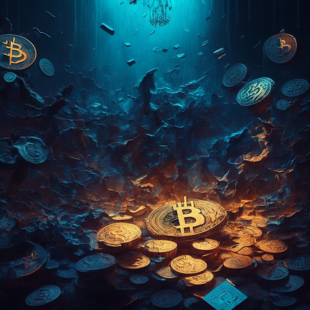 Cryptocurrency market chaos, major coins declining, altcoins thriving, abstract battleground, dramatic chiaroscuro lighting, cool color tones, contrasting success & failure, air of mystery & anticipation, baroque-inspired composition, 350-char tension, fluctuating emotions, unpredictable destiny, informed decision-making essence.