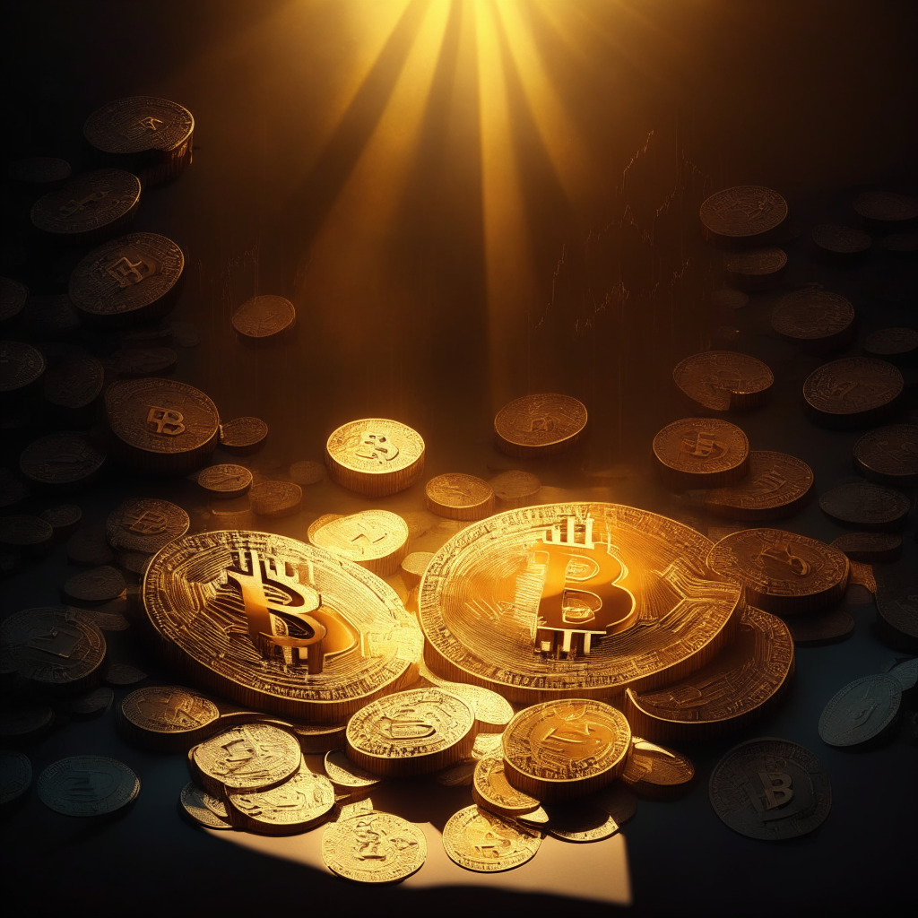 Cryptocurrency market volatility scene, balancing scale with gaming coins on one side and digital currencies on the other, rays of light creating contrasting shadows, Chiaroscuro art style, soft amber glow, a mix of stability and uncertainty, hopeful yet cautious mood of a fluctuating crypto market.