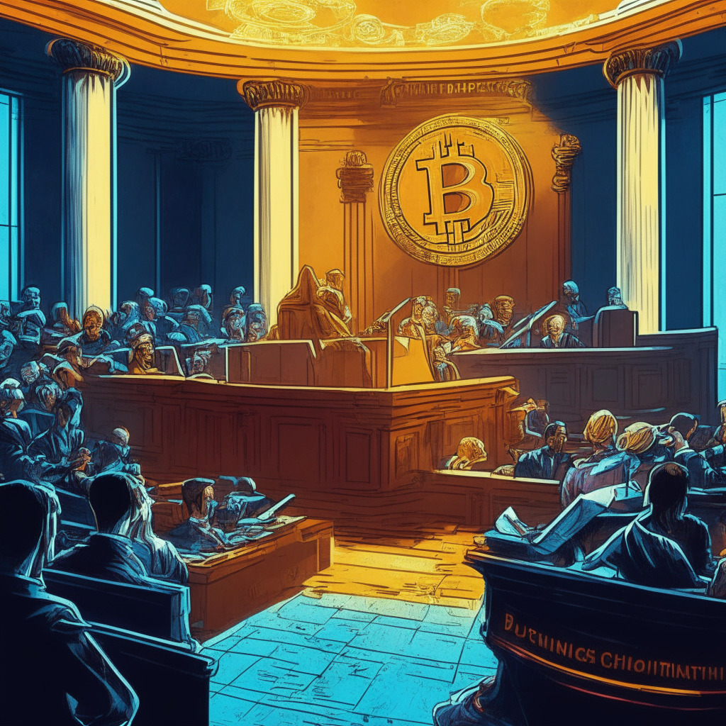 Cryptocurrency regulation clash, SEC vs Coinbase rule-making petition, court orders SEC to clarify stance, emerging tech seeking suitable guidance, judicial oversight controversy, powerful opinions, uncertain regulatory future, artistic legal scales balance, bold contrasting colors, dynamic struggle, tense mood, dimly illuminated courtroom scene.