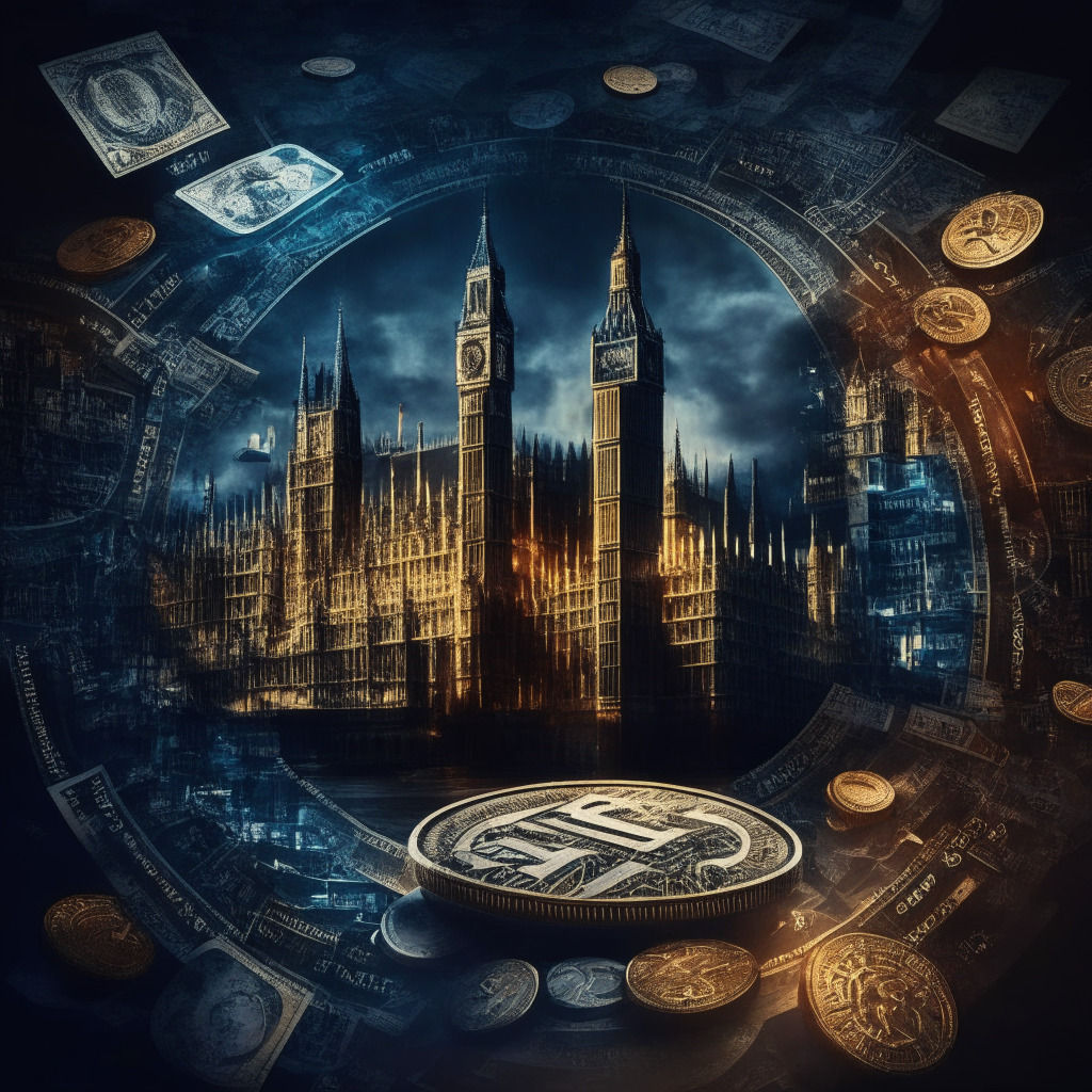 Intricate cityscape with UK parliament, divided politicians, digital coins resembling casino chips, financial documents, prominent tax revenue symbol, light settings depicting contrast between gambling & financial services, moody atmosphere highlighting strong debate, cohesive visual representation, no brand or logos, max 350 characters.