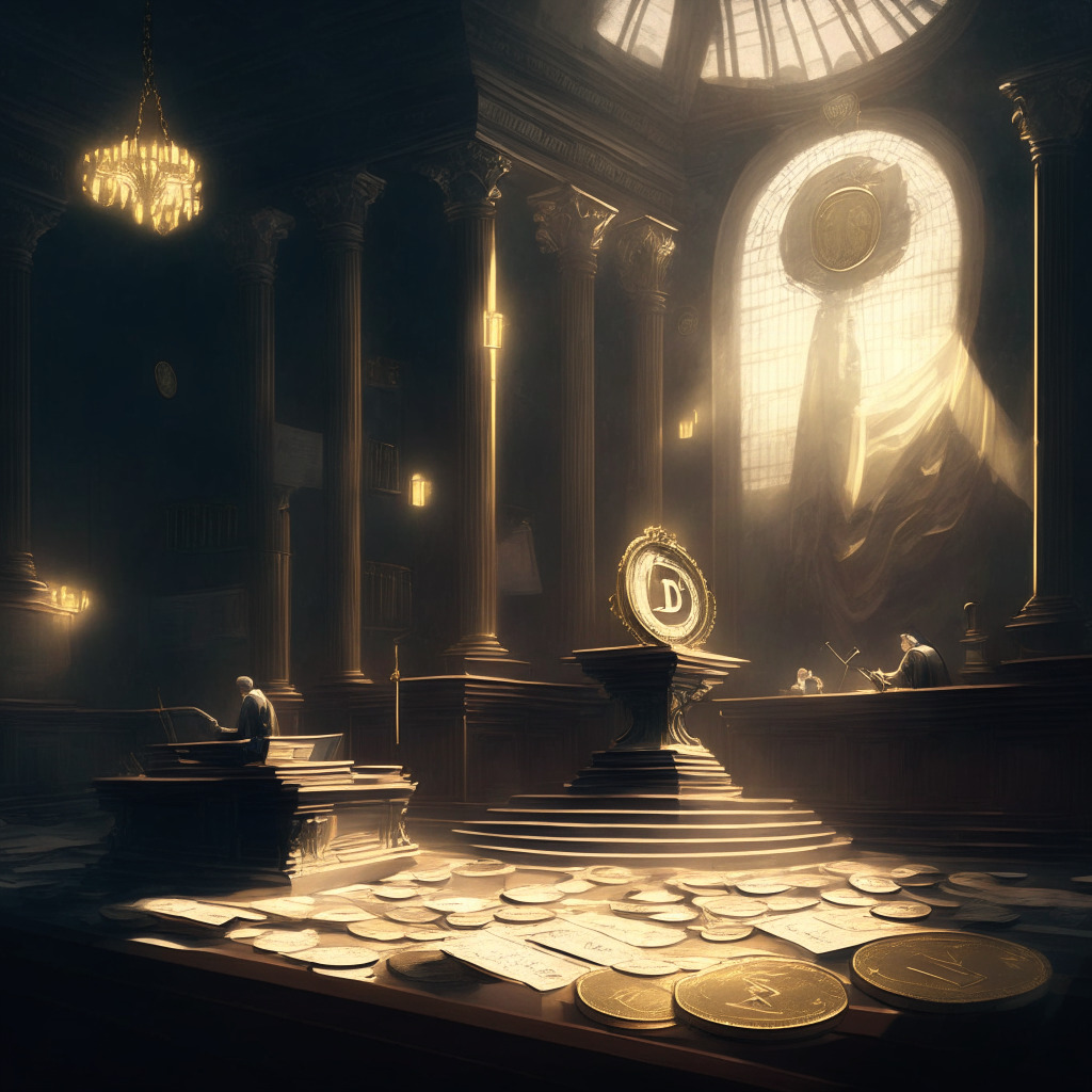 Cryptocurrency divorce dilemma, balancing scale with crypto coins and wedding rings, dimly lit courtroom, Baroque style painting, somber mood, neutral colors, intricate details on scale and courtroom architecture, financial documents scattered, hints of hope through subtle light beams, reflection on digital assets' uncertain future.