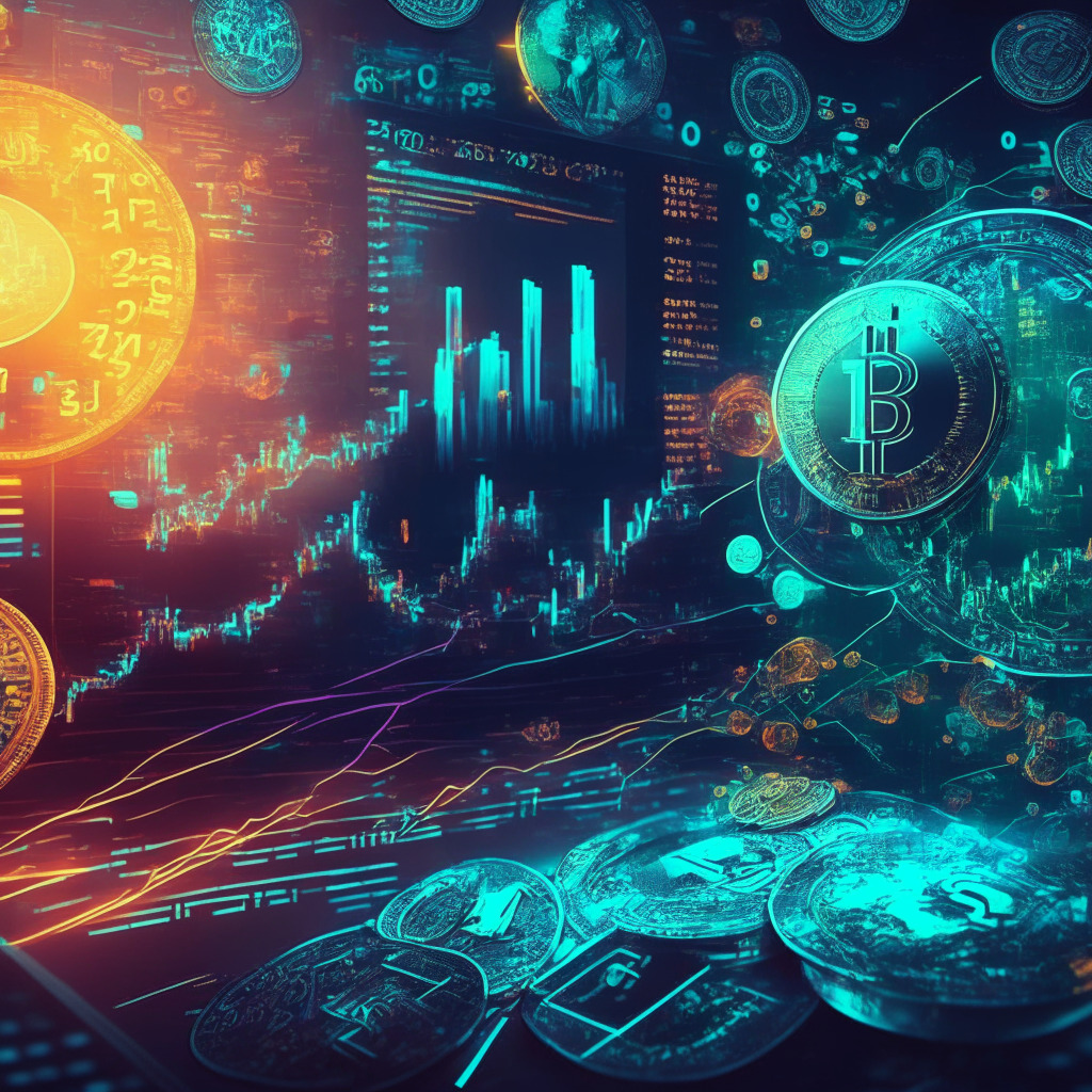 Vibrant crypto market scene, various coins rising & falling, intense trading focus, digital stock exchange atmosphere, ambient lighting, holographic price charts, diverse traders analyzing data, anticipation & caution, blend of futuristic & classical artistic style, mood of opportunity & risks.