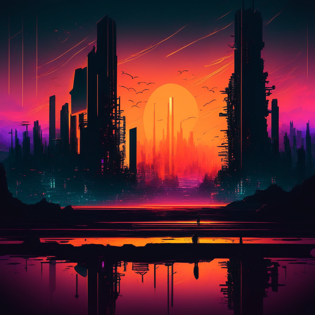 Gleaming utopia with dark shadows, blockchain technology as guiding light, abstract crime revolution repelled by the power of innovation, sunset casting warm but fading illumination, cyberpunk color palette representing dual nature of crypto, a sense of hope mingling with somber undertones, resistance against oppression.