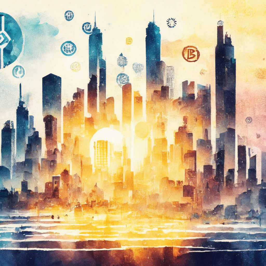 Moodily lit collage of cryptocurrency symbols against city skyline, artistic watercolor effect, key figures from scandals faded into the background, scattered jargon phrases, evolving into clear, accessible language, depiction of users engaging with user-friendly crypto platforms, hopeful sunrise lighting.