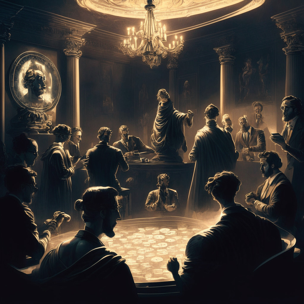 Cryptocurrency debate scene, chiaroscuro lighting, Baroque style, intense mood, opposing sides discussing regulation, Danny Devan fraud case in background, innovators & regulators engaged, transparent blockchain, no logos, one side pleading, the other skeptical, balance conceptualized as scales.