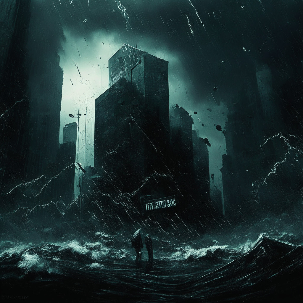 Dystopian art style, dark and stormy setting, financial crisis aftermath, tension-filled atmosphere, loss and chaos: Market plunge, risky loans, imminent liquidation threat, desperate measures, short-squeeze possibility, sinking trading levels, and significant decline in yield. No brands/logos.