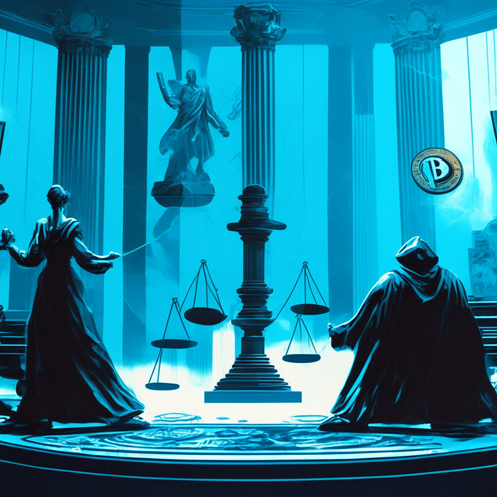 Scene of tension between crypto and traditional finance, battle in a courtroom setting, mixed digital/analog features, balance scale with crypto coins and fiat money, contrasting light and shadows, futuristic vs. classic artistic styles, blue and warm tones, complex expressions on faceless entities, underlying energetic mood, currency symbols subtly ingrained.