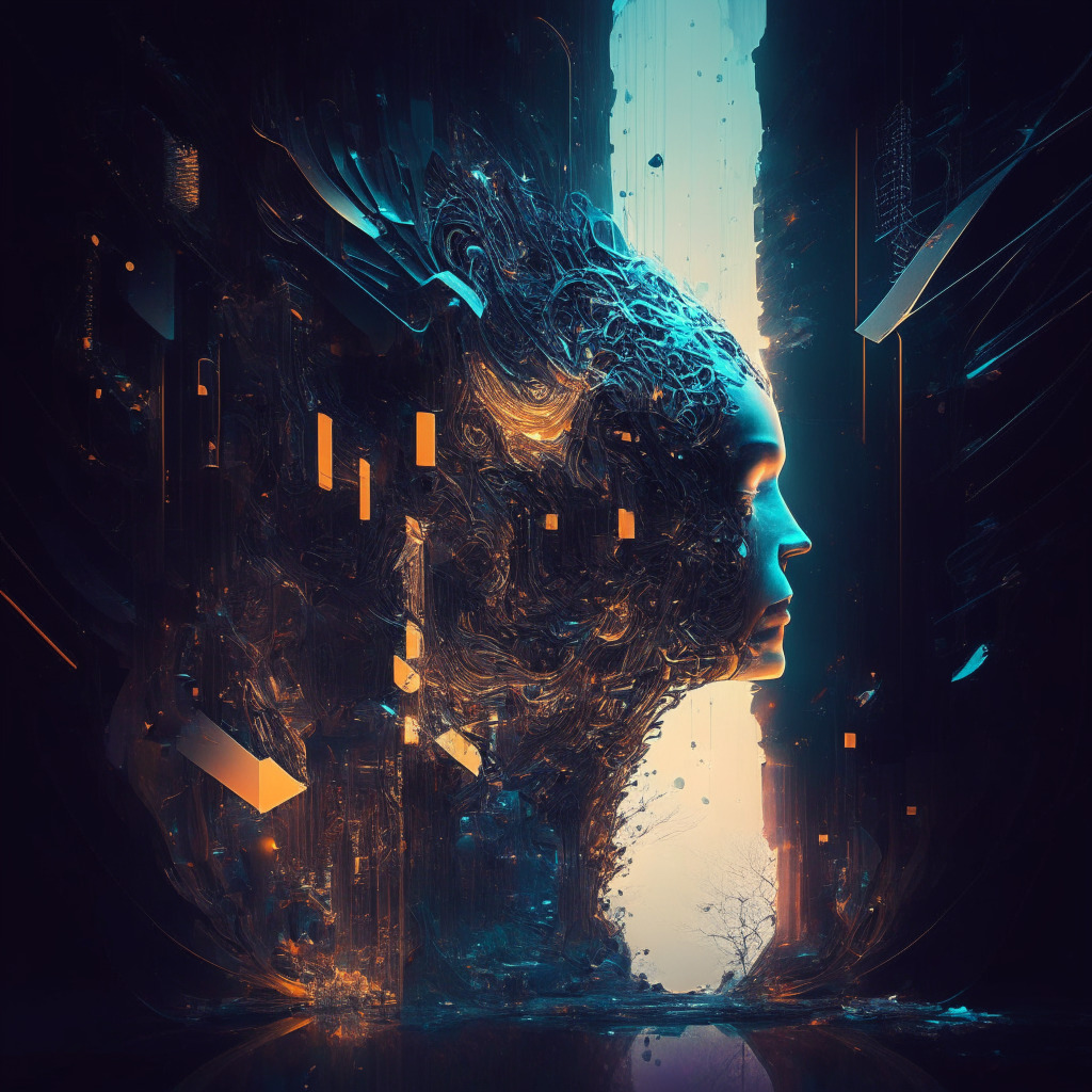 Intricate fusion of language & image processing, futuristic art style, dynamic light setting, AI-generated images inspired by creativity, melancholic mood reflecting limitations, abstract visuals from textual descriptions, diverse applications & evolving technology, ethereal atmosphere.
