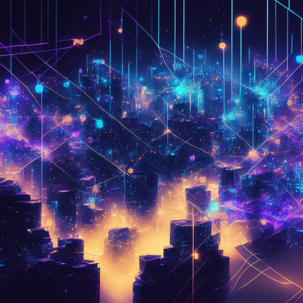 Abstract cyber cityscape reflecting decentralized power, luminous connections between nodes representing DAO community engagement, ethereal glow symbolizing $8.7 billion value in June 2022, smart contracts, voting tokens, and Ethereum platform, underlying sense of uncertainty in achieving mission, fluid dream-like artistic style, inviting yet challenging mood.