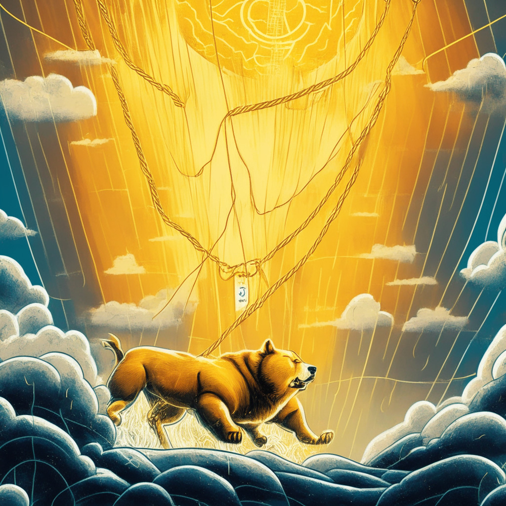 Cryptocurrency market scene with DOGE coin balancing on a tightrope between bull and bear cycles, intricate falling channel pattern, golden light imbuing optimism, stormy clouds hinting market volatility, dynamic mood with potential breakout above trendline, abstract art style capturing tension and pivotal decision point.