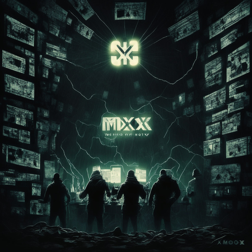 Intricate cybercrime scene set in darkness, distressed investors, shadowy hackers with masks, Bitcoin symbols floating in the air, broken Mt. Gox exchange sign, tense atmosphere, contrast between nefarious activities and pursuit of justice, subtle light rays fighting the darkness, underlying sense of caution and urgency.