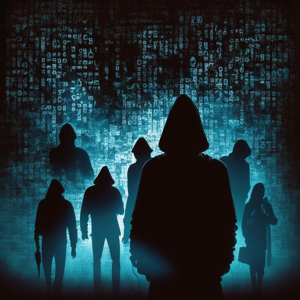 Gloomy cyber crime scene, hackers stealing from digital wallets, shadowy figures, crypto exchange backdrop, contrasting light and dark tones, tense atmosphere, sense of vulnerability, chaotic digital lines symbolizing fraudulent activities, anonymous faces, question mark indicating uncertainty.