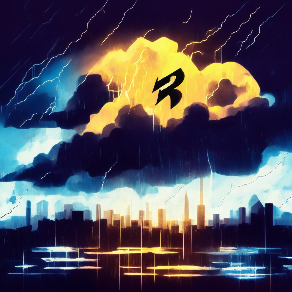 Cryptocurrency clash, moody skyline, decentralized app icons, Apple silhouette, tension-filled atmosphere, glowing Lightning Network, ominous clouds, fading sunlight, artistic shadows, expressive brushstrokes, financial freedom banner, Oslo Freedom Forum backdrop, contrasting colors representing innovation and regulation. Max 350 characters.