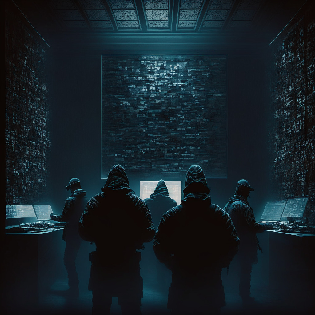 Darknet Task Force in action, shadowy figures on an intricate blockchain, subtle glow of digital screens, neoclassical painting style, chiaroscuro lighting, encrypted clues, tense atmosphere, sense of justice, determination & collaboration, balancing between innovation & security.