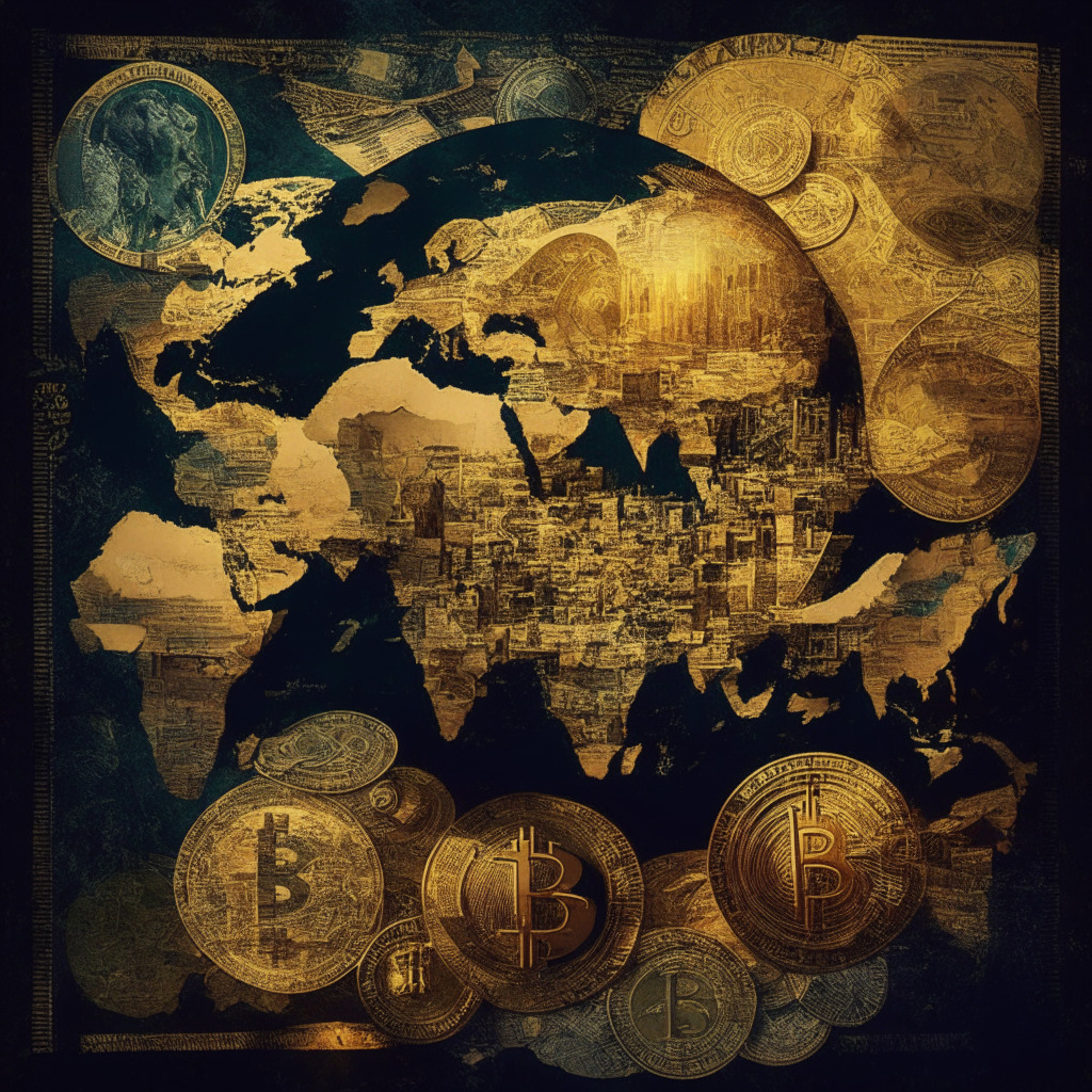 Intricate currency collage, fading US dollar, gold coins, bitcoin, diversified global economic landscape, surrealism art style, anticipating uncertainty, somber colors, exchange rate fluctuations, central banks in the shadows, global map, interconnected financial web, twilight sunlight, cautiously optimistic mood.