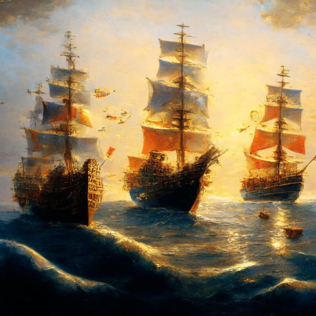 Intricate maritime scene, Pakistani and Russian ships exchanging oil, Chinese Yuan symbols floating above, warm golden lighting, de-dollarization theme, impressionist style, steady ocean waves, global cooperation mood, hint of uncertainty, diverse currency symbols at horizon.