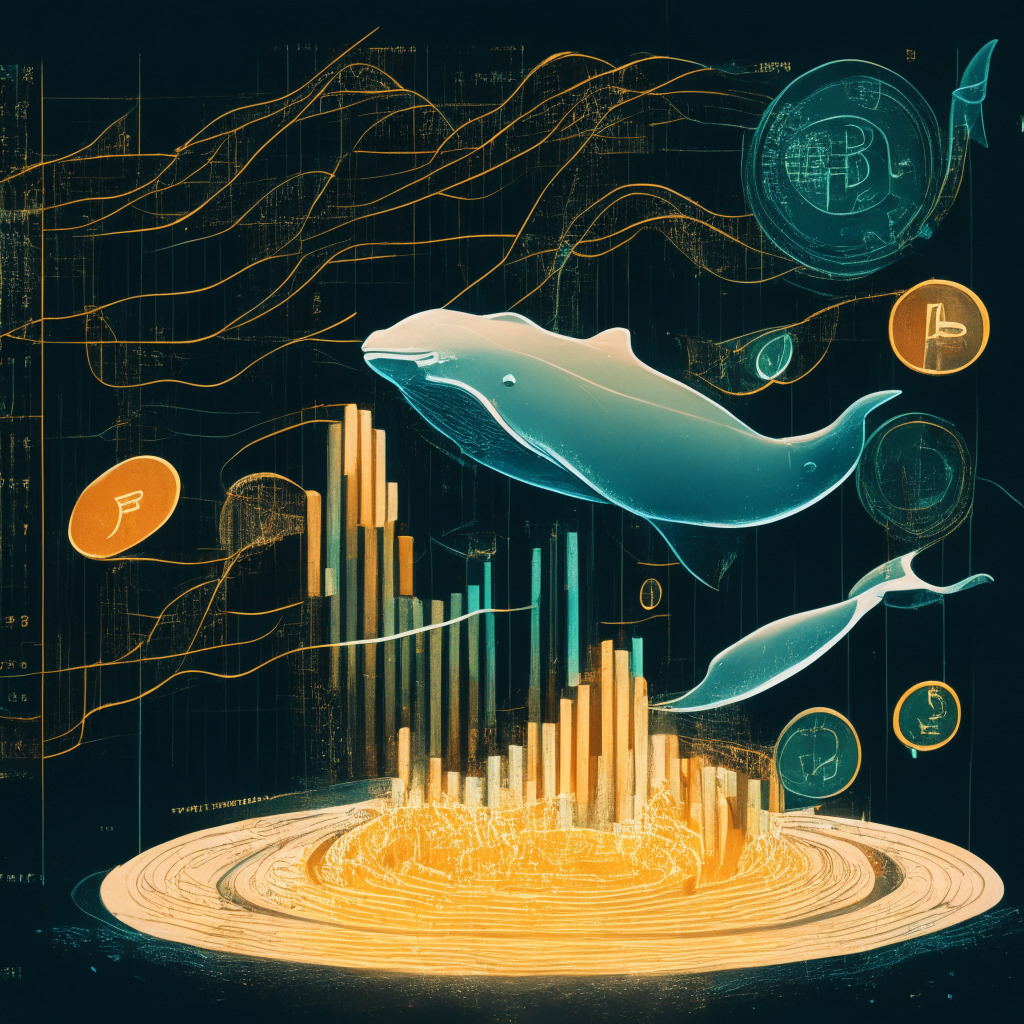 Intricate crypto scene with stablecoins USDT, USDC, and DAI, balance scales on Curve's 3pool, bright light revealing the slightest deviation, warm color palette signifying volatility, fluctuating lines to capture unease, shimmering whale figure representing CZSamSun, reassuring words from Tether's CTO as transparent overlay, emerging market backdrop.