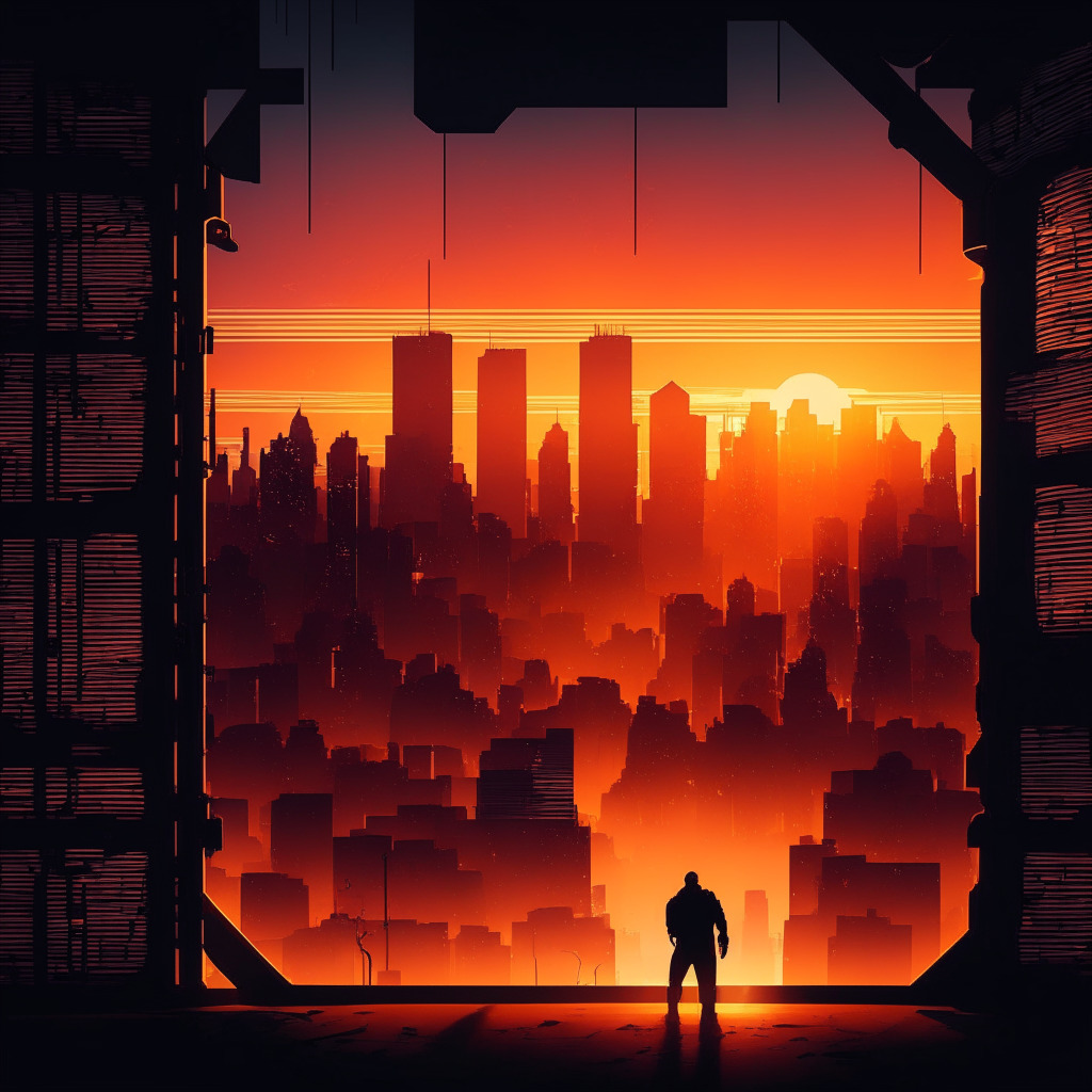 Sunset-lit DeFi cityscape, secure vault in the center, contrasting shadows, tension in the air, a hacker's silhouette fading away, $100,000 bounty notice illuminated, experts analyzing on-chain data, law enforcement in pursuit, cyberspace battle ensuing, subtle blend of security, fear, and innovation.