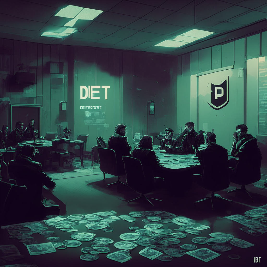 DeFi exit scams scene, tension-filled atmosphere, dusk lighting, Uniswap DAO members in conference room, rejected fee proposal on table, Jimbos Protocol bounty poster displayed, coins representing lost funds, top 100 DeFi tokens ascending, subtle cyberpunk aesthetic, mood of financial uncertainty and recovery.