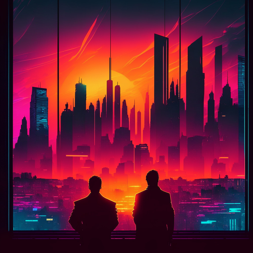 Sunset over futuristic cityscape and cryptocurrencies, tense courtroom drama, sketchy silhouettes whispering trade secrets, Curve Finance logo in shadows, cyberpunk vibes, gloomy atmosphere, contrasts of neon lights and dark shadows, instilling doubt about DeFi security and regulation.