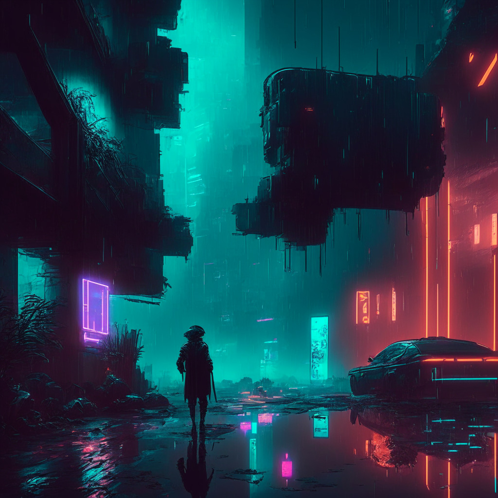 Ethereal cyberpunk cityscape, DeFi platform offering bounty to hacker, digital assets floating, tense negotiation scene, dimly lit urban setting, contrasting neon colors, moody atmosphere, sense of urgency and moral dilemma, cyber-noir style, reflections of a controversial decision, potential consequences looming.