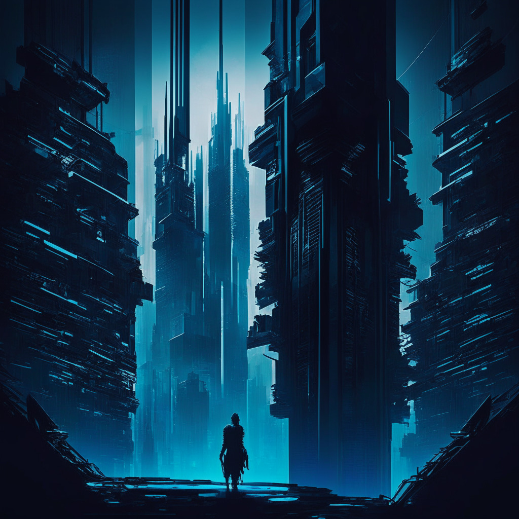 Intricate cyber cityscape, DeFi platform skyscrapers, abstract safety vault, subtle shades of blue, futuristic noir aesthetic, a hacker lurking in shadows, defense forces symbolizing robust security, intense chiaroscuro lighting, confident mood depicting resilience against attacks.
