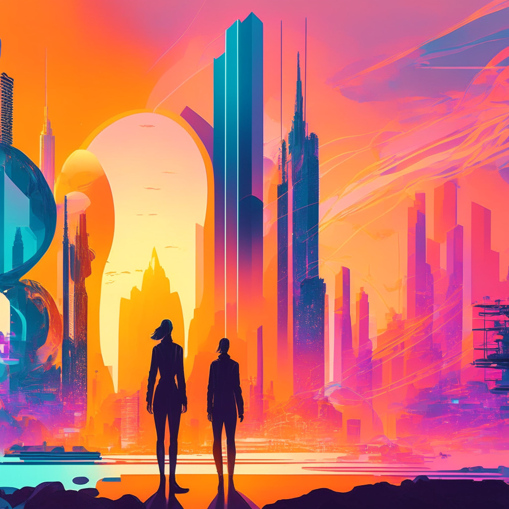 Sunrise over futuristic cityscape, contrasting investment personas side by side: a cautious investor & a thrill-seeker, abstract tokens & vaults floating in the air, interlinked elements of DeFi, soft pastel colors, sense of stability & unpredictability, glowing bonds & threads, vibrant mood, dawn of a new era in crypto investments.
