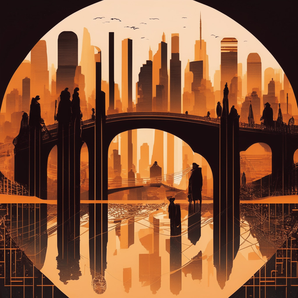 Intricate cityscape reflecting DeFi ecosystem, balanced contrast between light and shadow, warm hues symbolizing open dialogue, silhouette of large institutions interacting with anonymous crypto figures, a bridge symbolizing collaboration, soft glowing light encapsulating mood of hope and unity, summary: harmonious coexistence of privacy and regulation in DeFi.