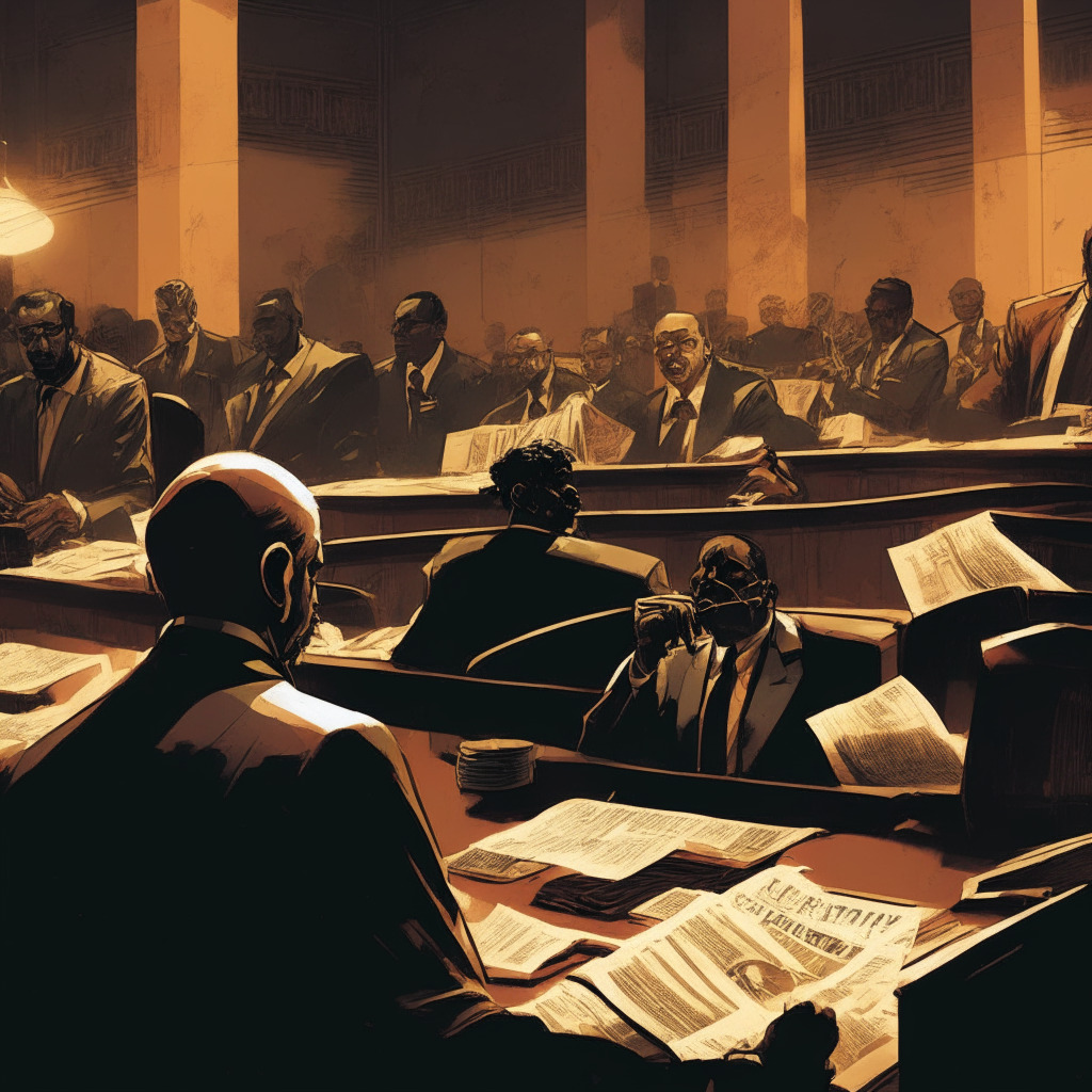Intricate courtroom scene, diverse participants engaged in heated debate, crypto vs. traditional finance, Judge Dorsey presiding, dimly lit background, warm color palette, clashing newspapers amidst legal documents, contrasting expressions of concern and determination, sense of urgency, subtle hint of a Dubai skyline, moody atmosphere.