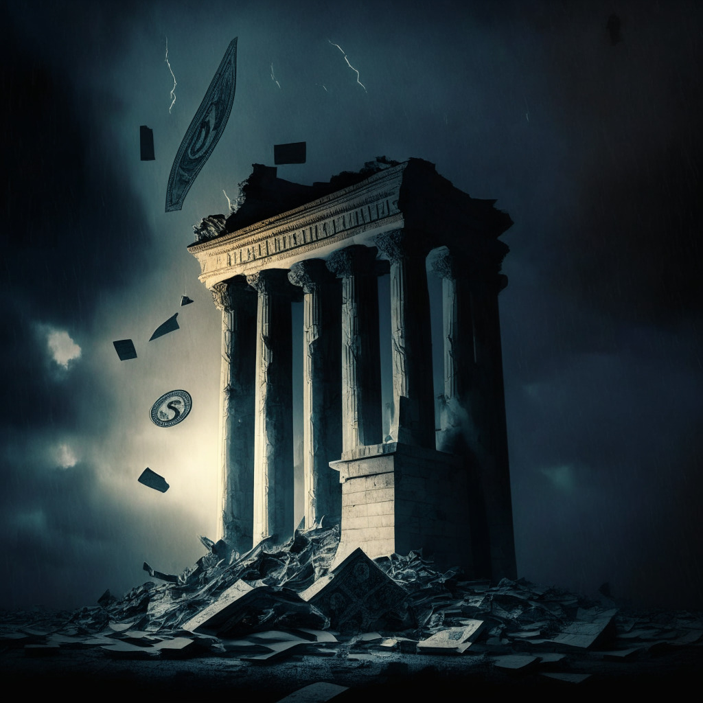 Eerie twilight scene, crumbling US dollar monument, shadowy Bitcoin symbol emerging, Baroque chiaroscuro lighting, an uncertain financial storm brewing, contrasting emotions of fear and optimism, hint of Renaissance-style balance, distant figure of a central bank throwing banknotes to the wind.