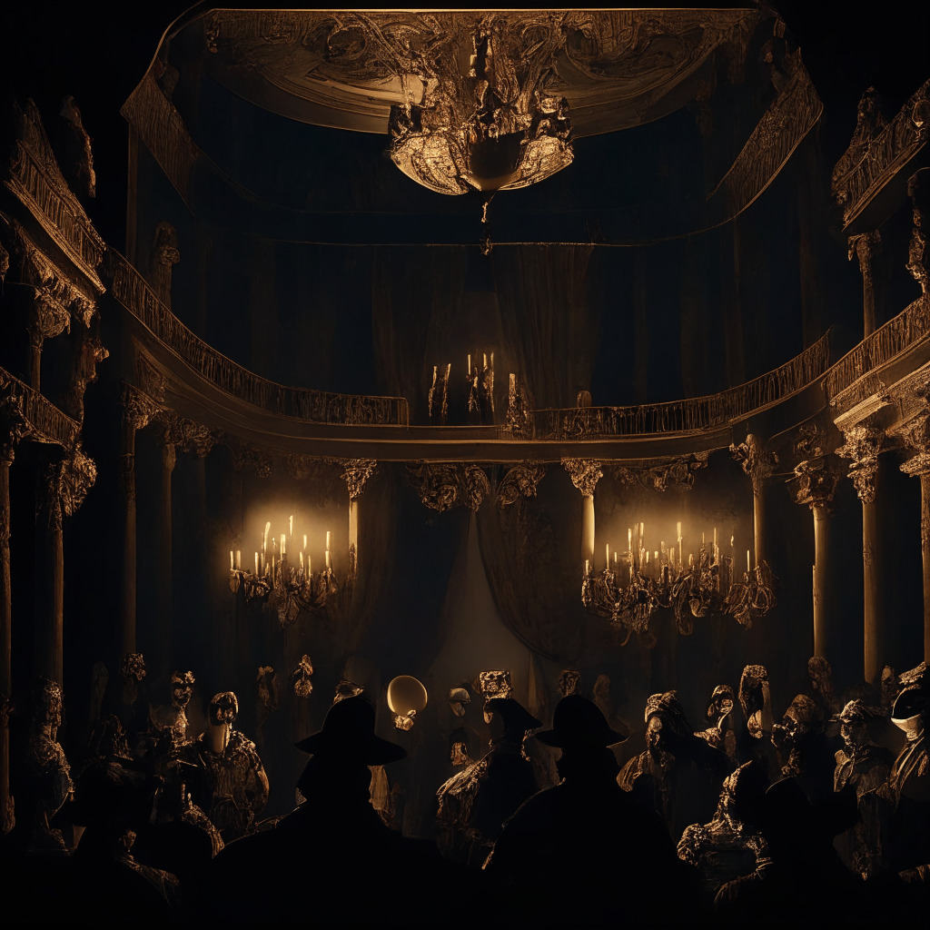 A moody, chiaroscuro scene of a theater stage, actors in masquerade masks representing deceptive DeFi projects, illuminated stage lights highlighting the true, decentralized nature of Web3, intricate baroque details emphasizing the complex financial landscape, spectators representing traditional businesses, a subtle touch of transparency symbolizing genuine governance structures.