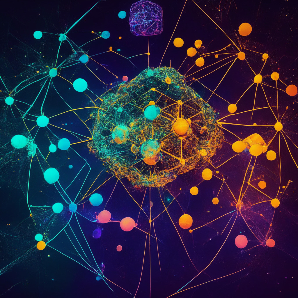 AI extinction risk discussion, centralized vs decentralized approach, vibrant technicolor palette, serene crypto-network, contrasting ethereal glow, shadows hinting control struggle, interconnected nodes symbolizing cooperation, resilient global network, mood balancing hope & caution.