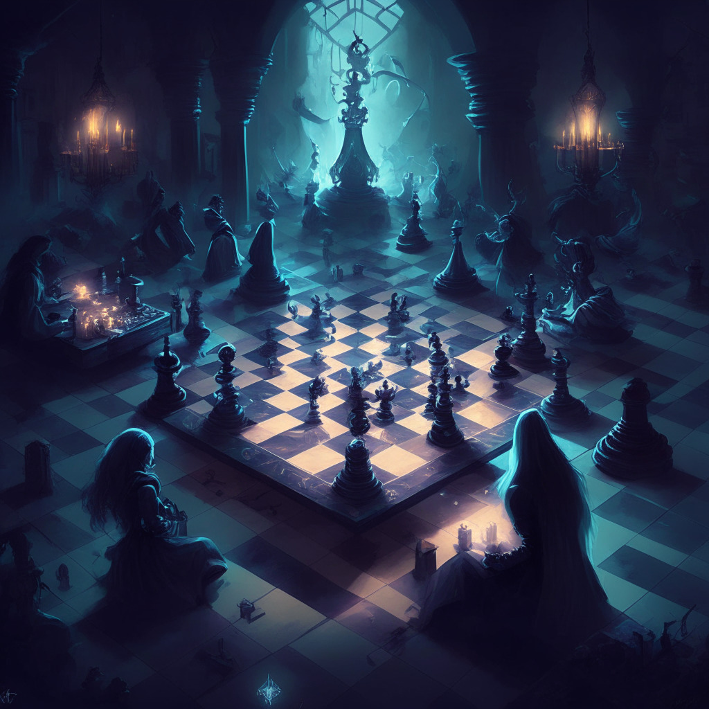 A captivating chessboard with diverse magical spells, players engaged in a mind-bending duel, dimly lit room echoing a blend of tradition and innovation, subtle hues of modernity and mystique enveloping the scene, highlighting a decentralized, community-driven experience, evoking curiosity, a mix of hope and skepticism in a thriving gaming landscape.