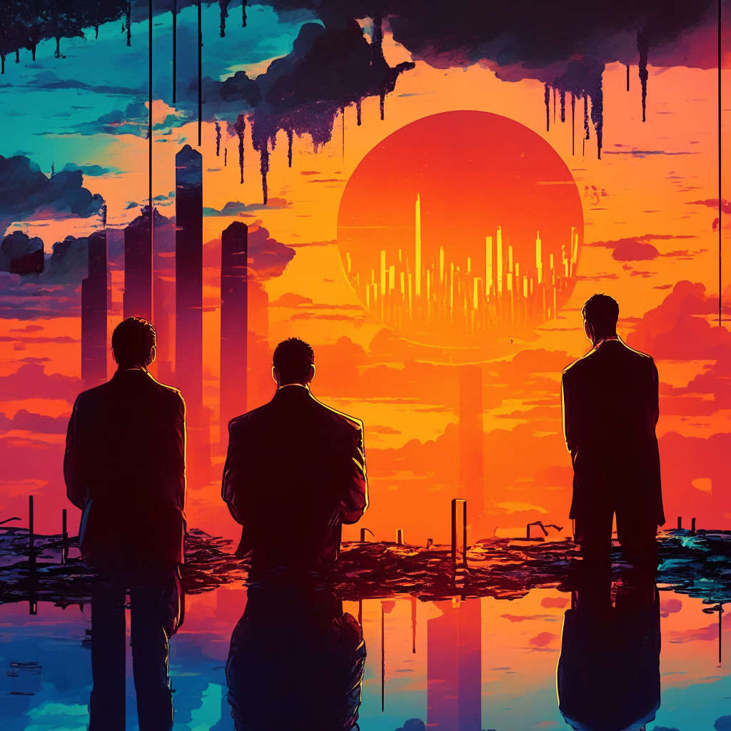 Declining crypto trading scene, sunset sky reflecting uncertainty, cautious investors observing from a distance, trading platform shadowed by regulatory hurdles, removed tokens symbolizing obstacles, intense hues of change, whispers of market evolution, balance between risks & compliance.