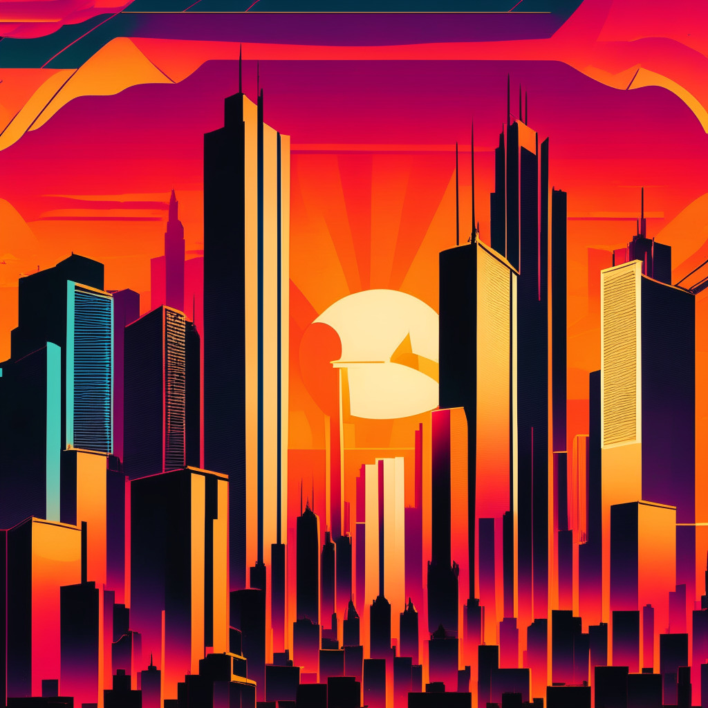 Crypto exchange turmoil, sunset over city skyline, regulatory compliance theme, bold contrasting colors, Art Deco style, intense shadows, uncertain mood, focus on resilience, and emerging contenders.